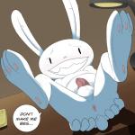 2014 3_toes anthro anus balls barefoot black_eyes butt dialog english_text erection fur gay happy hi_res inside inviting jerseydevil_(artist) lagomorph long_ears looking_at_viewer lying male mammal max navel nude on_back pawpads paws penis presenting presenting_hindquarters rabbit raised_leg room sam_and_max sharp_teeth smile solo spread_legs spreading teeth text video_games
Rating: Explicit
Score: 10
User: toh
Date: March 07, 2014