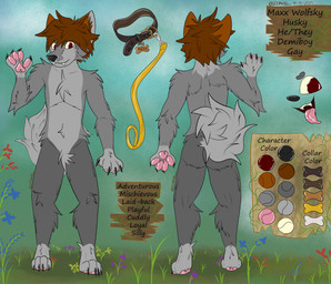 anthro brown_hair collar description flower fur grass grey_body grey_fur hair leash leashed_collar looking_at_viewer male pawpads pink_pawpads pink_tongue plant red_eyes solo text tongue tongue_out 2001maxx conditional_dnp maxx_(2001maxx) canid canine canis domestic_dog husky mammal nordic_sled_dog spitz absurd_res hi_res model_sheet