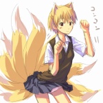 asian_clothing bangs blonde_hair blush bottomwear breasts brown_eyes clothing east_asian_clothing eyebrow_through_hair eyebrows female fox_tail hair japanese_clothing japanese_school_uniform leaning leaning_forward looking_at_viewer multi_tail panties panty_shot paw_pose pose school_uniform serafuku short_hair simple_background skirt small_breasts smile solo standing tail translucent translucent_hair underwear uniform white_background white_clothing white_panties white_underwear mosha asian_mythology east_asian_mythology majin_tantei_nougami_neuro mythology katsuragi_yako animal_humanoid canid canid_humanoid canine canine_humanoid fox_humanoid fox_spirit humanoid mammal mammal_humanoid 1:1