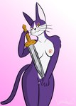 anthro big_ears breasts female fur genitals holding_object holding_weapon looking_at_viewer nipples nude nude_female purple_body purple_fur pussy solo weapon yellow_eyes lionclaw .hack cyberconnect2 mia_(.hack) domestic_cat felid feline felis mammal hi_res