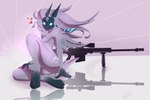 anthro barrett_.50cal barrett_m82 breasts butt female fluffy fur fur_markings genitals glowing glowing_eyes grey_body grey_fur gun hair heart_symbol hooves long_ears long_hair looking_at_viewer markings mask nude pussy ranged_weapon rifle sniper_rifle solo weapon snowflakesheep league_of_legends riot_games tencent kindred_(lol) lamb_(lol) bovid caprine mammal sheep 3:2 hi_res