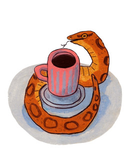 ambiguous_gender beverage brown_body brown_eyes brown_scales coffee coffee_mug feral forked_tongue open_mouth scales simple_background solo tongue tongue_out white_background osier_forest reptile scalie snake 2023 hi_res