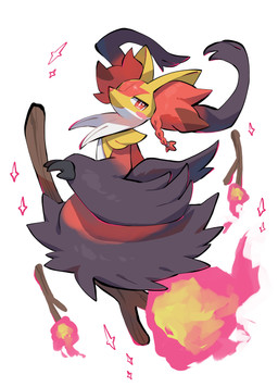 ambiguous_gender anthro black_claws blush broom broom_riding claws cleaning_tool facial_markings fire fur grey_body grey_fur head_markings inner_ear_fluff markings multicolored_body multicolored_fur narrowed_eyes red_body red_eyes red_fur red_inner_ear_fluff red_markings simple_background smile solo tuft white_background white_body white_fur yellow_body yellow_fur nullma nintendo pokemon pokemon_legends_z-a shinku_(nullma) canid canine generation_9_pokemon mammal mega_delphox mega_evolution pokemon_(species) absurd_res digital_media_(artwork) hi_res