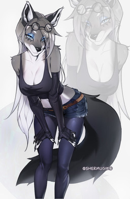 anthro armwear bedroom_eyes bent_over big_breasts biped bottomwear breasts claws cleavage clothed clothed_anthro clothed_female clothing collarbone countershade_face countershade_torso countershading crop_top denim denim_bottomwear denim_clothing denim_shorts elbow_gloves eyeshadow eyewear female fingerless_gloves fingers front_view fully_clothed fully_clothed_anthro fully_clothed_female fur glasses gloves hair hands_on_legs handwear hanging_breasts legwear long_hair looking_at_viewer makeup midriff narrowed_eyes navel seductive shirt shorts slim smile smiling_at_viewer solo standing tail tank_top tights topwear shermugi canid canine canis mammal wolf 2026 absurd_res digital_drawing_(artwork) digital_media_(artwork) hi_res