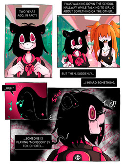 anthro backpack colored_nails cute_fangs dialogue ear_piercing ear_twitch fangs female fingernails hair jewelry musical_symbol nails necklace orange_hair photo_background piercing red_eyes red_fingernails red_nails school symbol teeth text ponporio the_disappearance_of_girl_a girl_b girl_c felid mammal 3:4 absurd_res comic english_text hi_res photography_(artwork)