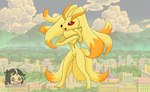 ?_face ambiguous_gender arm_tuft elbow_tuft fusion hair hand_on_face long_hair mountain multi_tail neck_tuft open_mouth pokemon_fusion red_eyes sky solo tail tuft yellow_body yellow_skin thepachusan nintendo pokemon generation_1_pokemon generation_4_pokemon humanoid lopunny ninetales pokemon_(species) digital_drawing_(artwork) digital_media_(artwork) hi_res