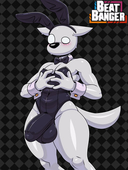 4_fingers anthro balls balls_outline big_balls big_bulge big_penis black_background black_nose blush blush_lines bodily_fluids bulge bunny_costume checkered checkered_background clothed clothed_anthro clothed_male clothing costume detailed_bulge fake_ears fake_rabbit_ears femboy fingers front_view fur genital_outline genitals grey_background grey_body grey_fur hand_on_chest hand_on_own_chest hands_on_own_chest huge_bulge male male_anthro navel_outline nervous pattern_background penis penis_outline shirt_collar shirt_cuffs simple_background solo standing sweat tail thick_thighs wide_eyed skay_smidyth_samuel beat_banger bunfan_games protagonist_(beat_banger) canid canine mammal 2026 3:4 absurd_res digital_media_(artwork) hi_res