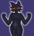 3_fingers anthro black_body breasts claws featureless_breasts female fingers glowing glowing_eyes heart_symbol paws purple_background simple_background solo kaiju_paradise roblox felid feline gootraxian mammal panther_gootraxian pantherine hi_res shaded