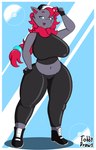 anthro big_breasts bottomwear breasts clothing crop_top female footwear grey_body hair hat headgear headwear pants red_hair shirt solo thick_thighs tight_bottomwear tight_clothing tight_pants tight_topwear topwear trainer yoga_pants tobydraws4 nintendo pokemon generation_5_pokemon pokemon_(species) zoroark hi_res