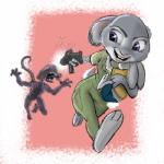 anthro carrying_another clothed clothing female fully_clothed fur grey_body grey_fur group gun holding_gun holding_object holding_ranged_weapon holding_weapon open_mouth open_smile parody purple_eyes ranged_weapon running smile weapon young young_anthro tony_helms alien_(franchise) disney zootopia ellen_ripley judy_hopps alien lagomorph leporid mammal monster rabbit xenomorph 1:1 alternate_version_at_source crossover