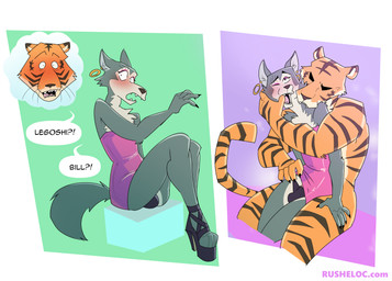 anthro bite blush bulge claws clothed clothing crossdressing dominant dominant_male dress duo ear_piercing ear_ring eye_scar eyelashes facial_scar finger_in_mouth footwear high_heels makeup male male/male neck_bite nude open_mouth panties piercing ring_piercing scar shoes submissive submissive_male text underwear rusheloc beastars bill_(beastars) legoshi_(beastars) canid canine canis felid mammal pantherine tiger wolf url