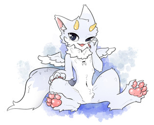 2_horns 4_toes ambiguous_gender anthro biped black_eyes cheek_tuft claws crotch_tuft ear_tuft facial_tuft featureless_chest featureless_crotch feet fluffy front_view fur glistening glistening_eyes hand_on_face hand_on_knee hand_on_leg horn inner_ear_fluff jewelry monotone_body monotone_fur neck_tuft necklace necklace_only nude open_mouth pawpads paws pink_pawpads simple_background sitting skinny_ambiguous skinny_anthro solo tail toes tuft white_body white_fur white_sclera yellow_horn gagaga_ram mythology dragon furred_dragon furred_scalie mythological_creature mythological_scalie scalie digital_drawing_(artwork) digital_media_(artwork) hi_res