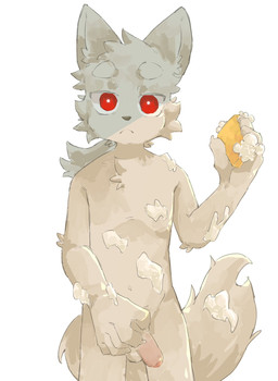 5_fingers anthro arm_tuft balls blush body_blush claws elbow_tuft eyebrows facial_tuft finger_claws fingers fluffy fluffy_tail foreskin fur genitals hair holding_object humanoid_genitalia humanoid_penis inner_ear_fluff looking_at_viewer male male_anthro navel nude_anthro nude_male penis penis_blush ponytail red_eyes shoulder_tuft simple_background solo sponge suds tail tuft white_background white_balls white_body white_eyebrows white_fur white_tail young young_anthro young_male regcron canid mammal 2026 hi_res portrait three-quarter_portrait