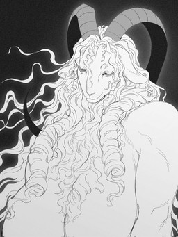 anthro big_breasts breasts drill_curls female hair horn huge_breasts long_hair looking_at_viewer nude small_head solo wushutai27302 delicious_in_dungeon bovid caprine caprine_demon demon felid goat_demon lion mammal pantherine 3:4 bust_portrait hi_res monochrome portrait sketch