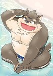 anthro asian_clothing beach belly clothing east_asian_clothing fundoshi japanese_clothing male musclegut muscular nipples pecs sand scar seaside shielding_eyes solo underwear water inunodaidokoro lifewonders tokyo_afterschool_summoners moritaka_(tas) canid canine canis domestic_dog mammal hi_res