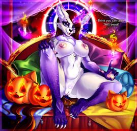anthro bed bedroom_eyes candle carved_pumpkin chest_tuft claws cloud curtains curtains_open dialogue elemental_manipulation female fire fire_manipulation floating_candle furniture hair halo holidays jack-o'-lantern looking_at_viewer magic markings moon narrowed_eyes pillow red_hair red_moon seductive smile smiling_at_viewer snip_(marking) solo tuft window minamikoboyasy halloween mythology selune_darkeye canid canine mammal mythological_canine mythological_creature werecanid werecanine werecreature werewolf absurd_res hi_res