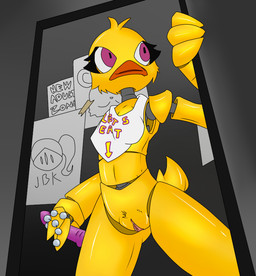 anthro beak biped bodily_fluids breasts dark dildo female genital_fluids genitals machine non-mammal_breasts presenting purple_eyes sex_toy solo standing text vaginal_fluids vulva jailbait_knight five_nights_at_freddy's scottgames chica_(fnaf) classic_chica_(fnaf) animatronic avian bird chicken galliform phasianid robot colored