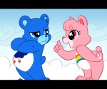 anthro belly belly_markings black_bars blue_body blue_eyes blue_fur care-a-lot cloud daww duo female fur heart_nose heart_symbol male markings outside pink_body pink_eyes pink_fur rainbow rainbow_arch raining simple_background sky skyscape unknown_artist care_bears cheer_bear grumpy_bear bear mammal ursine 6:5 letterbox