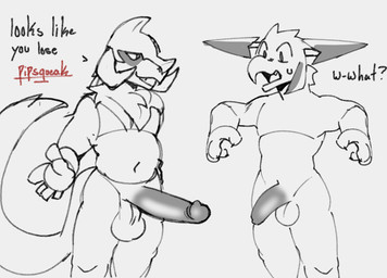 anthro balls big_penis bodily_fluids comparing comparing_penis dialogue duo erection foreskin genitals horn humiliation male male/male penis penis_humiliation penis_size_difference small_penis_humiliation stuttering surprised_expression sweat sweatdrop text knightferret capcom monster_hunter arkveld flying_wyvern rey_dau 2025 black_and_white english_text monochrome sketch