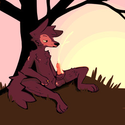 anthro balls banding_(artifact) biped black_body black_fur blush bodily_fluids cum day erection full-body fur genital_fluids genitals grass jack_peire leaning male male_anthro masturbation morning nude_anthro nude_male outdoor_nudity outside paws penis plant ring sigh sitting solo spots sun three-quarter_view tree jack_jaklou canid canine canis coywolf hybrid mammal 1:1 digital_drawing_(artwork) digital_media_(artwork) shaded simple_shading warm_colors