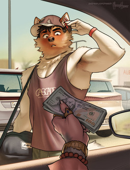 anthro armpit_hair biped black_nose blush bodily_fluids body_hair brown_eyes detailed_background duo eyebrows fingers fur gay_for_pay hair implied_prostitution male money muscular muscular_anthro muscular_male pupils sitting sweat white_body white_fur meesh canid canine mammal 2025 english_description hi_res story story_in_description