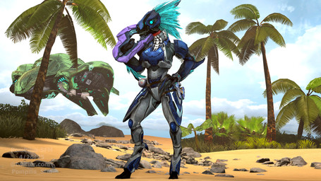 3_fingers anthro arm_feathers arm_tuft avian_caruncle blue_body blue_eyes blue_feathers breasts carbine day digitigrade explosives feather_hair feathered_crest feathers female fingers full_armor glowing glowing_eyes grenade hand_on_hip head_crest non-mammal_breasts palm_tree plant plasma_grenade plasma_pistol pseudo_hair sand sky solo spacecraft standing tree tuft vehicle weapon pompilus-sfm halo_(series) microsoft xbox_game_studios alien avian kig-yar scalie t'vaoan 16:9 3d_(artwork) 4k absurd_res colored digital_media_(artwork) hi_res widescreen