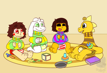 3_toes 4_toes ambiguous_gender anthro armless baby_toy barefoot black_eyes block blonde_eyebrows blush blush_stickers brown_eyebrows brown_hair buckteeth clean_diaper clothed clothing cookware diaper earless eyebrows eyelashes feet floating_eyebrows floppy_ears frying_pan fur green_eyes group hair head_spikes heart_symbol holding_object holding_toy inside kitchen_utensils kneeling knife logo multicolored_clothing multicolored_sweater multicolored_topwear notebook open_mouth open_smile pattern_clothing pattern_sweater pattern_topwear red_eyes ring ring_toy rug simple_eyes sitting smile spikes spikes_(anatomy) striped_clothing striped_diaper striped_sweater striped_topwear stripes sweater tail tan_body tan_skin teeth text toes tools topwear toy toy_gun two_tone_clothing two_tone_sweater two_tone_topwear wavy_mouth wavy_smile wearing_diaper white_body white_ears white_eyebrows white_fur white_tail yellow_body yellow_spikes yellow_tail young young_anthro young_human shadyadi undertale undertale_(series) asriel_dreemurr chara_(undertale) frisk_(undertale) monster_kid bovid caprine goat human mammal monster reptile scalie 2021 artist_logo artist_name hi_res signature