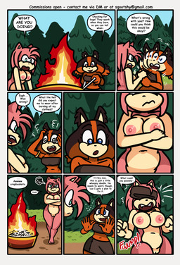 angry annoyed anthro areola big_breasts blue_eyes bottomwear breasts brown_body brown_bottomwear brown_clothing brown_fur brown_skirt brown_topwear campfire camping clothed clothed_anthro clothed_female clothing dialogue duo evergreen_tree female fire fully_clothed fully_clothed_anthro fully_clothed_female fur genitals green_eyes hair multicolored_body multicolored_fur nipples nude nude_female orange_body orange_fur pine_tree pink_areola pink_body pink_fur pink_hair pink_nipples pink_quills plant quills_(anatomy) shaking skirt speech_bubble surprised tan_arms tan_breasts tan_mouth text thick_thighs topwear tree undressing_self vulva himitsu sqootshy sega sonic_boom sonic_the_hedgehog_(series) amy_rose sticks_the_jungle_badger badger eulipotyphlan hedgehog mammal mustelid musteline 2026 absurd_res comic english_text hi_res multiple_scenes url
