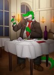 absurd_res alcohol alligator alligatorid anthro beef beverage business_attire business_suit businesswear clock clothing container cregon crocodile crocodilian cup cutlery drinking_glass fancy_clothing food fork furniture glass glass_container glass_cup green_body hi_res kitchen_utensils male meat multicolored_body napkin necktie open_mouth redgreendied reptile scalie solo steak suit table tablecloth tools two_tone_body watch white_body wine wine_bottle wine_glass wristwatch yellow_eyes