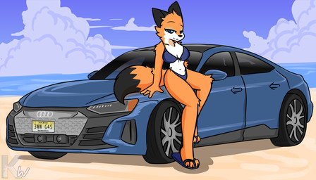 3_toes 4_fingers anthro beach bikini bikini_bottom bikini_top black_body black_ears black_fur black_hair blue_eyes car clothing electric feet female fingers footwear fur hair orange_body orange_fur sandals seaside shoes solo swimwear toes two-piece_swimsuit vehicle wheel white_body white_fur kangwolf audi audi_e-tron judy_reinard canid canine fox mammal 7:4 absurd_res hi_res