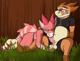 anthro ball_fondling balls bed bite biting_lip biting_own_lip blush bodily_fluids bottomwear claws clothed clothing duo erection eyes_closed eyewear feet fellatio female fondling furniture genital_fluids genitals glasses hand_on_balls horn lying lying_on_bed male male/female male_penetrating nude on_bed on_top_of_another on_top_of_belly oral oral_penetration penetration penile penis scales self_bite sex shirt shorts simple_background tail teeth toes topwear watchit porky kobold lizard reptile scalie digital_media_(artwork) hi_res