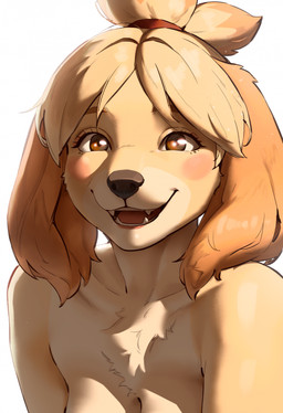 accessory anthro barely_visible_breasts blonde_hair breasts brown_eyes brown_nose chest_tuft fangs female female_anthro floppy_ears fur hair hair_accessory hairband nude open_mouth orange_body orange_fur simple_background smile solo tan_body tan_fur teeth tongue tuft white_background petpaw animal_crossing nintendo isabelle_(animal_crossing) canid canine canis domestic_dog mammal hi_res