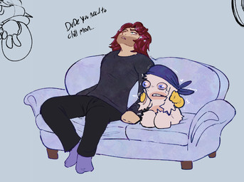 anthro beard bent_legs black_bottomwear black_clothing black_pants black_shirt black_topwear blue_background blue_clothing blue_eyes blue_footwear blue_headkerchief blue_kerchief blue_socks blue_sofa bottomwear brown_beard brown_facial_hair buckteeth chubby_cheeks clothed clothed_human clothed_male clothing duo_focus facial_hair featureless_legs floppy_ears footwear freckled_face freckles frown fully_clothed fully_clothed_human fully_clothed_male fur furniture group hair handwear headgear headkerchief headwear holding_both_ears holding_own_ears kerchief larger_human larger_male leaning leaning_backward light long_ears lop_ears male male_anthro male_human medium_hair mittens mostly_offscreen_anthro mostly_offscreen_character mostly_offscreen_male motion_lines multicolored_body noseless on_sofa open_frown open_mouth pants plushie red_hair scared shaking shirt simple_background sitting sitting_on_sofa size_difference smaller_anthro smaller_male socks sofa stitch_(sewing) talking_to_another tan_body tan_inner_ear tan_skin teeth text topwear trembling trio two_tone_body white_body white_fur wide_eyed yellow_clothing yellow_handwear yellow_mittens critterzone13 raving_rabbids rayman_(series) ubisoft fan_character lemon_(critterzone13) lennon_(critterzone13) tristan_(critterzone13) animate_inanimate human hybrid lagomorph leporid living_plushie mammal rabbid rabbit undead zombie 2023 colored digital_drawing_(artwork) digital_media_(artwork) english_description english_text lighting