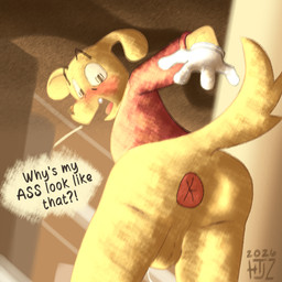 4_fingers anthro anus balls blush bodily_fluids butt clothing dialogue fingers floppy_ears genital_fluids genitals gloves handwear leaking_precum looking_at_butt looking_back male precum profanity raised_arm raised_tail red_clothing red_shirt red_topwear shirt shocked short_tail snout solo speech_bubble standing tail teeth text tongue topwear white_clothing white_gloves white_handwear wide_eyed valken_holmes glitch_productions the_amazing_digital_circus scratch_(tadc) canid canine mammal 1:1 2026 dated english_text watermark