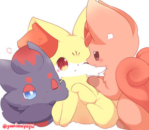 3_toes ambiguous_gender black_ears black_nose blue_eyes blush blush_stickers breath brown_eyes brown_markings brown_pupils cheek_tuft chibi dot_nose facial_tuft feet feral fur fur_tuft group head_tuft inner_ear_fluff kemono leg_markings looking_at_another markings multicolored_body multicolored_fur narrowed_eyes neck_tuft one_eye_closed one_eye_obstructed paws pointy_ears pouting prick_ears pupils quadruped red_ears red_eyes red_markings red_pupils red_tail red_text simple_background sitting slit_pupils socks_(marking) tail text toes trio tuft two_tone_body two_tone_fur white_background white_body white_fur white_pupils yellow_ears nakimayo nintendo pokemon fennekin generation_1_pokemon generation_5_pokemon generation_6_pokemon pokemon_(species) vulpix zorua 2021 artist_name colored digital_media_(artwork) hi_res shaded