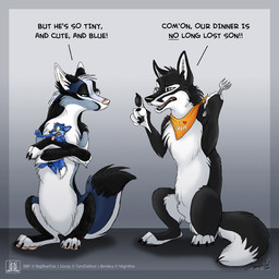 animal_genitalia balls blue_body blue_eyes blue_fur cutlery female feral fork fully_sheathed fur genitals group heart_symbol kitchen_utensils male sheath tail text tools conditional_dnp tani_da_real hydrox savoy canid canine canis fox hybrid mammal wolf 1:1 digital_media_(artwork) english_text lol_comments