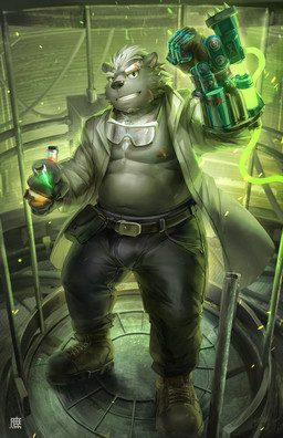 5_fingers anthro barazoku bare_chest belly belt black_nose boots bottomwear clothed clothing coat eyebrows eyewear facial_scar fingers fist footwear fur goggles grey_body grey_fur grin hair holding_object lab_coat looking_at_viewer male navel nipples open_clothing open_coat open_topwear pants scar science scientist shoes smile solo standing teeth topwear vial white_hair takahirosi bear mammal hi_res