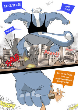 2_panel_comic 5_fingers aircraft angry annoyed anthro arm_hair armpit_hair black_clothing black_shirt black_tank_top black_topwear blonde_hair blue_body blue_fur blue_hair body_hair bottomwear building city city_destruction clothed clothed_anthro clothed_male clothing destruction dialogue duo ear_piercing fingers fully_clothed fully_clothed_anthro fully_clothed_male fur grey_bottomwear grey_clothing grey_shorts hair hairy_legs helicopter leg_hair macro male multicolored_body multicolored_fur multiple_ear_piercings piercing profanity property_damage rampage screaming shirt shorts speech_box stomping tank_top temper_tantrum text topwear unimpressed vehicle white_armpit_hair white_body white_fur yellow_body yellow_fur dudenahuel bruno_(dudenahuel) nahuel_(dudenahuel) canid canine mammal maned_wolf mephitid skunk 2024 absurd_res comic english_text hi_res multiple_scenes