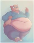 anthro belly belly_overhang big_belly biped burger clothed clothing eating food footwear fur holding_object hoodie male midriff navel obese obese_anthro obese_male overweight overweight_anthro overweight_male shoes solo thick_thighs topwear walking saltypantz domestic_cat felid feline felis mammal hi_res