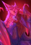 anthro big_ears black_wings brown_hair claws duo eyes_closed feathered_wings feathers female fluffy_mane fur grey_body grey_fur hair horn hug kissing long_ears long_hair love male male/female membrane_(anatomy) membranous_wings pink_light red_body red_fur smile wing_claws wings hita9 a_story_with_a_known_end clementine_(aswake) jonty felid feline hybrid mammal absurd_res digital_media_(artwork) hi_res