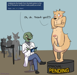 anthro balls blush blush_lines breasts casual_nudity chest_tuft clipboard clothed clothed/nude clothed_male clothing coat crossed_arms crossed_legs dialogue dipstick_tail duo_focus e621_logo erection exposed eyewear female fur genitals glasses green_body group holding_object holding_pen humanoid_genitalia humanoid_penis inspection lab_coat looking_at_another male markings meta_humor nervous nipples nude nude_female nude_male pen penis pigeon_toed sitting standing tail tail_markings text topwear tuft wearing_glasses yellow_body yellow_fur ravalska e621 background_character rav_alska canid canine fox lizard mammal reptile scalie english_text hi_res