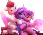 bite blue_body blue_fur blue_hair blue_mane blue_tail blush blush_lines cheek_tuft crown cutie_mark ear_bite facial_tuft feathered_wings feathers female feral fluffy fur group hair headgear heart_symbol hooves horn leg_tuft mane multicolored_hair multicolored_mane pink_body pink_fur pink_hair pink_mane purple_hair purple_mane tail trio tuft two_tone_hair two_tone_mane two_tone_tail underhoof white_body white_fur wings itssim hasbro mlp_g5 my_little_pony mythology misty_brightdawn_(mlp) pipp_petals_(mlp) zipp_storm_(mlp) equid equine mammal mythological_creature mythological_equine pegasus unicorn digital_media_(artwork) hi_res