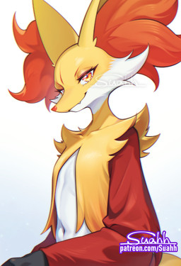 ambiguous_gender anthro eyelashes fangs fur half-closed_eyes inner_ear_fluff looking_at_viewer multicolored_body narrowed_eyes navel orange_body orange_eyes orange_fur simple_background solo teeth text tuft white_body white_fur yellow_body yellow_fur suahh nintendo pokemon canid canine delphox generation_6_pokemon mammal pokemon_(species) 2025 signature url