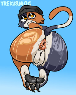 anthro anus big_butt black_claws black_clothing black_hat black_headwear blue_background brown_anus brown_body brown_fur butt claws clothing eyelashes feet female fur genitals grey_body grey_fur hat hat_only headgear headgear_only headwear headwear_only huge_butt looking_at_viewer looking_back looking_back_at_viewer mostly_nude nude orange_eyes pawpads plump_labia rear_view simple_background snaggle_tooth solo tail teeth vulva white_body white_fur trekismog epic_games fortnite meow_skulls domestic_cat felid feline felis mammal hi_res