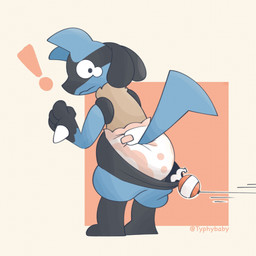 4_fingers ambiguous_gender anthro black_body black_fur black_pseudo_hair blue_body blue_bottomwear blue_clothing blue_ears blue_fur blue_pants blue_tail bodily_fluids bottomwear bottomwear_pull clean_diaper clothed clothing clothing_pull crying diaper exclamation_point fingers fishing_rod fur gloves_(marking) hand_spike leg_markings looking_back markings multicolored_body multicolored_fur offscreen_character pants pants_pull pseudo_hair pulling_down_pants simple_background socks_(marking) solo spikes spikes_(anatomy) standing tail tan_body tan_fur tears three-quarter_view twitter_handle wavy_mouth wearing_diaper wide_eyed typhy nintendo pokemon generation_4_pokemon lucario pokemon_(species) 1:1 2022 full-length_portrait hi_res portrait