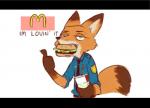 anthro beverage brown_body brown_fur burger cheek_tuft clothed clothing dipstick_tail drinking_straw eating facial_tuft fangs food fur gesture gloves_(marking) half-closed_eyes hand_gesture holding_beverage holding_object male markings multicolored_tail narrowed_eyes necktie orange_body orange_fur police police_uniform slogan solo tail tail_markings teeth text thumbs_up tuft uniform bate_(artist) disney zootopia nick_wilde canid canine fox mammal red_fox true_fox english_text sketch