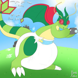 3_fingers 3_toes ambiguous_gender antennae_(anatomy) anthro arms_bent big_diaper blush blush_lines camera claws clean_diaper clothed clothing detailed_background dialogue diaper diaper_only duo feet fingers grass green_body green_tail green_wings holding_camera holding_object horn huge_diaper looking_back multicolored_body multicolored_tail offscreen_character open_mouth outside plant silhouette small_horn standing tail text toes topless wearing_diaper white_diaper wings yellow_body yellow_tail burritokitten nintendo pokemon background_character fan_character vincent_(mitchell45) dragonite flygon generation_1_pokemon generation_3_pokemon hybrid hybrid_pokemon meowth pokemon_(species) 1:1 artist_name english_text full-length_portrait hi_res portrait signature male_(lore)