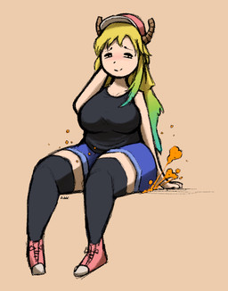 2_horns big_breasts black_clothing black_eyebrows black_leggings black_legwear black_nose black_shirt black_tank_top black_topwear blonde_hair blue_bottomwear blue_clothing blue_shorts blush bottomwear breasts brown_horn clothing eyebrows fart fart_cloud female footwear gradient_hair green_hair hair horn leggings legwear looking_away orange_fart_cloud red_cap red_clothing red_footwear red_shoes shirt shoes shorts simple_background sitting smile solo tan_background tan_body tan_skin tank_top teal_hair topwear jubb miss_kobayashi's_dragon_maid mythology quetzalcoatl_(dragon_maid) animal_humanoid dragon dragon_humanoid horned_humanoid humanoid mythological_creature mythological_scalie scalie 2021 signature