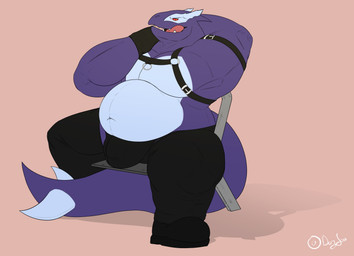 armpit_fetish boots bulge chair chaps clothing footwear furniture harness leather leather_harness leather_strap looking_at_viewer male musclegut muscular on_chair pose shoes sitting sitting_on_chair stare straps dozjow nintendo pokemon generation_3_pokemon legendary_pokemon pokemon_(species) shadow_lugia shadow_pokemon 2022 absurd_res hi_res