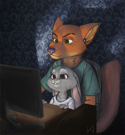 anthro computer_monitor desk duo earbuds ears_down electronics female furniture green_eyes headphones inner_ear_fluff inside male on_lap pivoted_ears purple_eyes sitting_on_lap size_difference smile table tuft vetrofroza disney zootopia judy_hopps nick_wilde canid canine fox lagomorph leporid mammal rabbit red_fox true_fox 2016